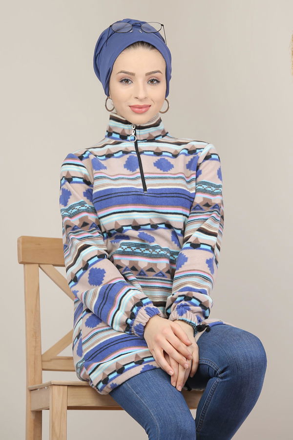 Düz Orta Kadın Mavi Yarım Fermuar Polar Tunik Yeşil  - 8120 MAVİ