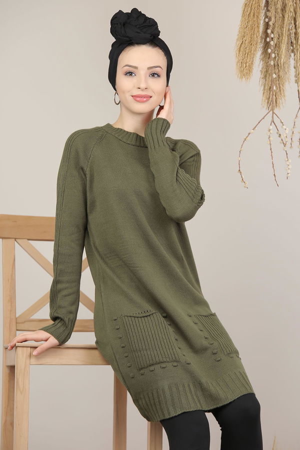Düz Orta Kadın Haki Triko Tunik Siyah  - 8123 HAKİ
