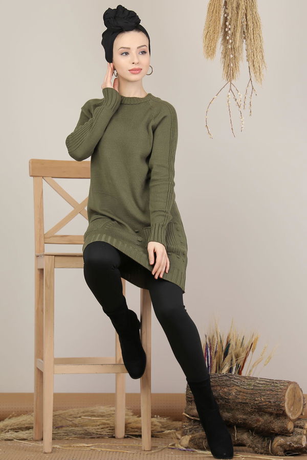 Düz Orta Kadın Haki Triko Tunik Siyah  - 8123 HAKİ