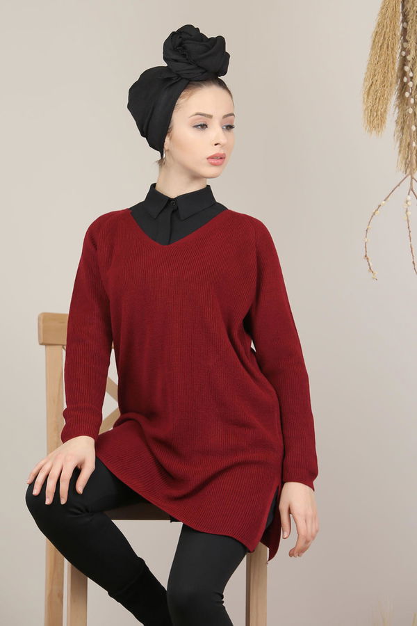 Düz Orta Kadın Bordo Triko Tunik Vizon  - 8124 BORDO