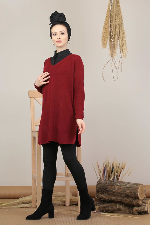 Düz Orta Kadın Bordo Triko Tunik Vizon  - 8124 BORDO