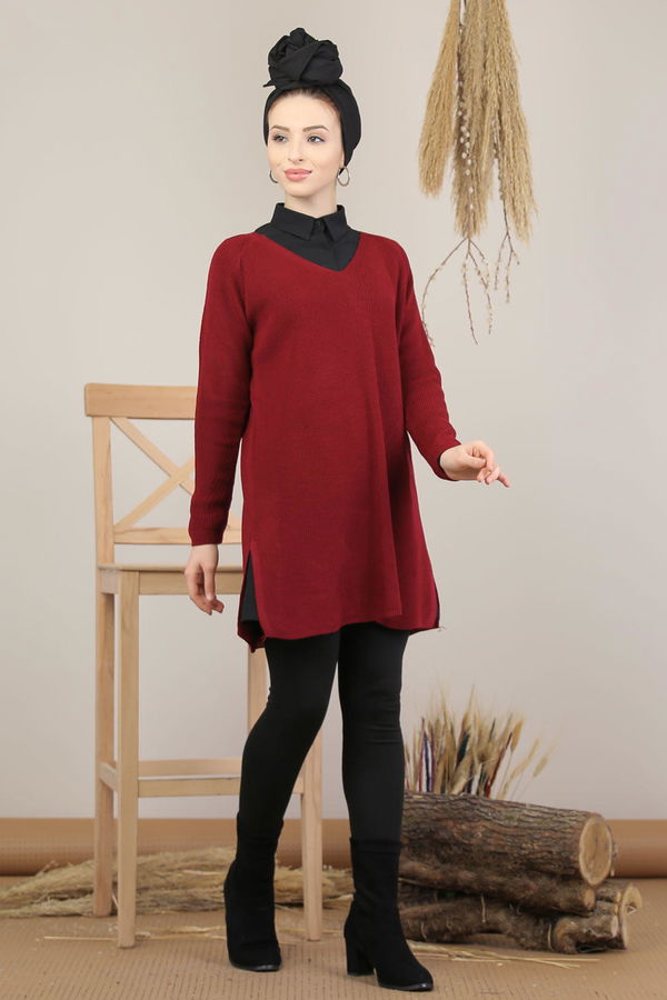 Düz Orta Kadın Bordo Triko Tunik Vizon  - 8124 BORDO