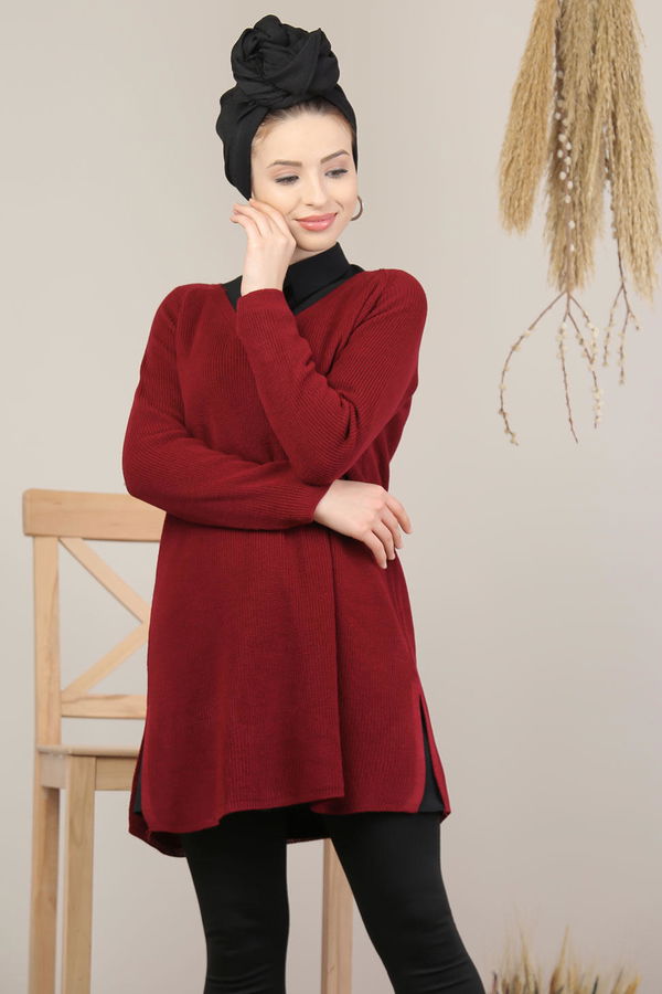 Düz Orta Kadın Bordo Triko Tunik Vizon  - 8124 BORDO