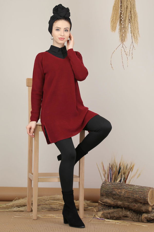 Düz Orta Kadın Bordo Triko Tunik Vizon  - 8124 BORDO