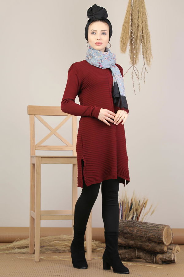 Düz Orta Kadın Bordo Triko Tunik Koyu Bordo - 7819 - 7819 BORDO