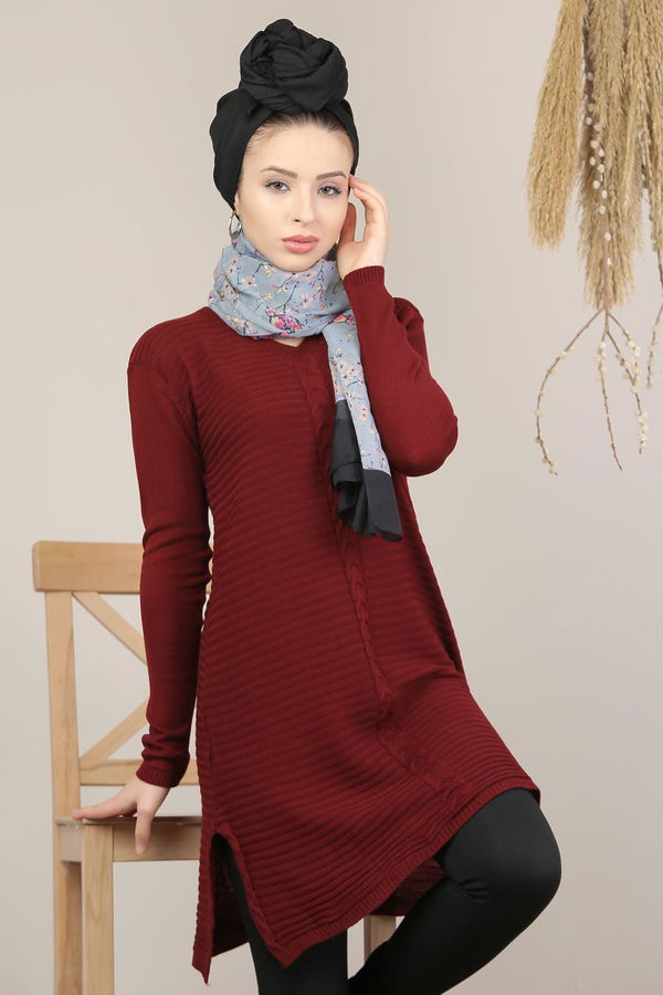 Düz Orta Kadın Bordo Triko Tunik Koyu Bordo - 7819 - 7819 BORDO