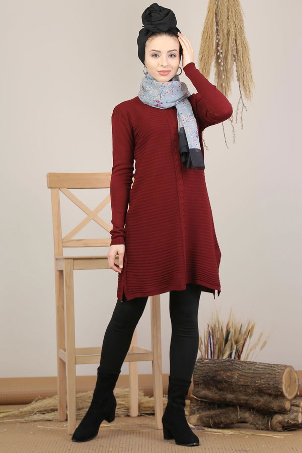 Düz Orta Kadın Bordo Triko Tunik Koyu Bordo - 7819 - 7819 BORDO