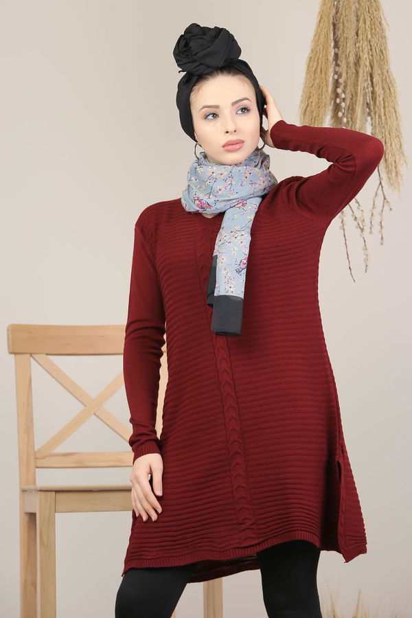Düz Orta Kadın Bordo Triko Tunik Koyu Bordo - 7819 - 7819 BORDO