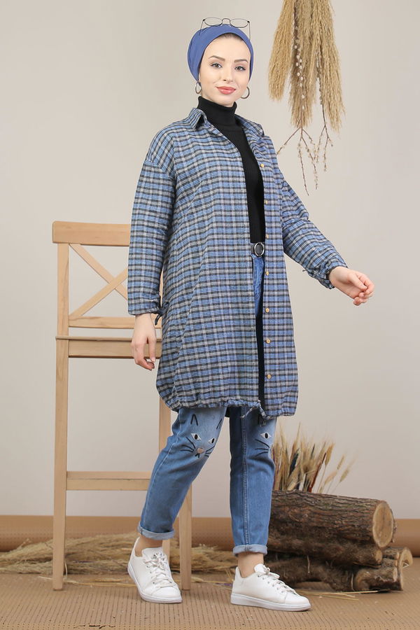 Düz Orta Kadın Gri Ekose Tunik İpli Siyah Saks  - 7931 GRİ