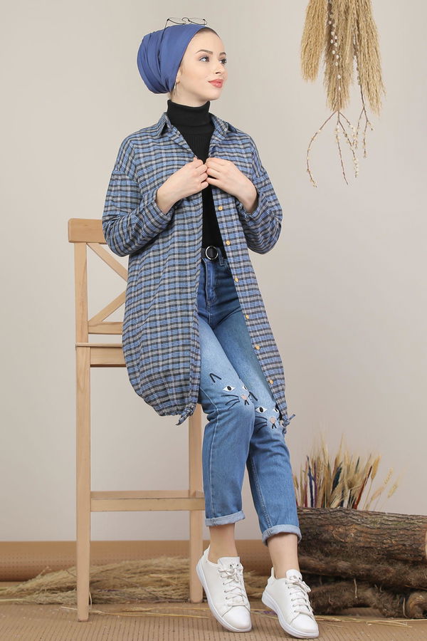 Düz Orta Kadın Gri Ekose Tunik İpli Siyah Saks  - 7931 GRİ