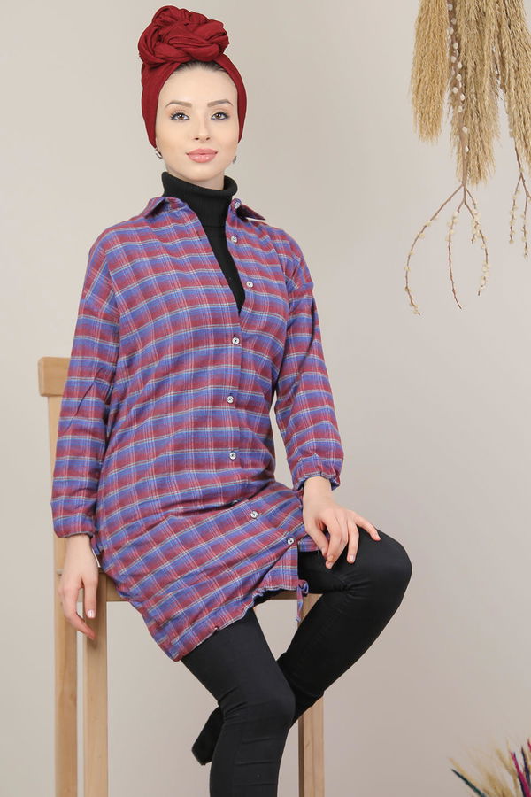 Düz Orta Kadın Mavi Ekose Tunik İpli Yeşil  - 7987 MAVİ