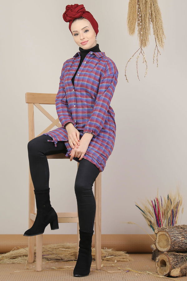 Düz Orta Kadın Mavi Ekose Tunik İpli Yeşil  - 7987 MAVİ