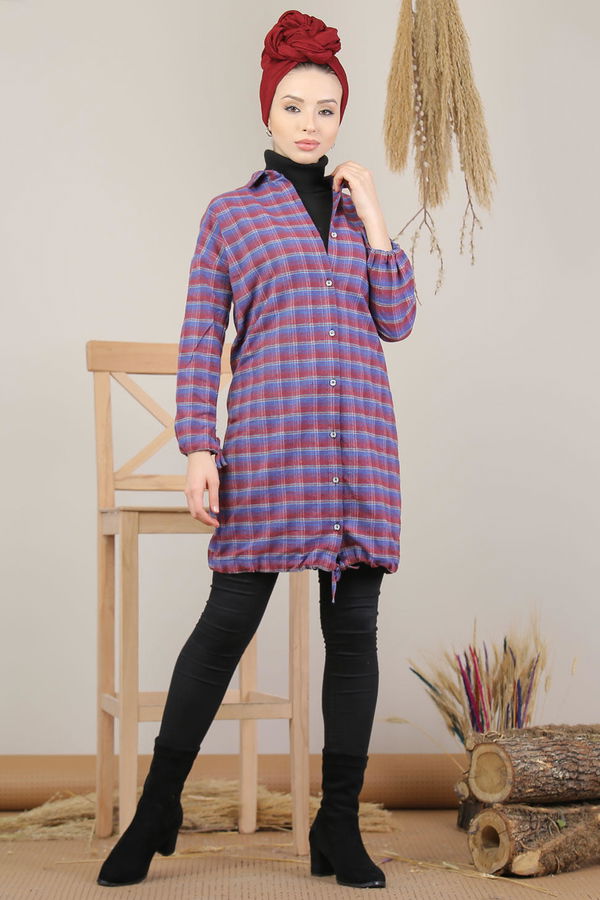 Düz Orta Kadın Mavi Ekose Tunik İpli Yeşil  - 7987 MAVİ