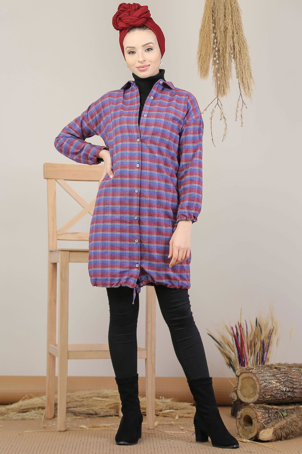 Düz Orta Kadın Mavi Ekose Tunik İpli Yeşil  - 7987 MAVİ