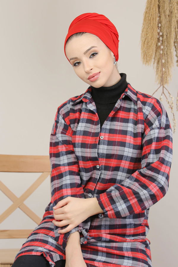 Düz Orta Kadın Gri Ekose Tunik İpli Gri Fuşya  - 8125