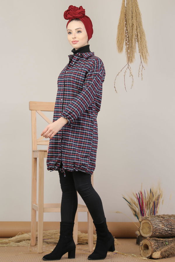 Düz Orta Kadın Bordo Ekose Tunik İpli Lacivert  - 8129 BORDO