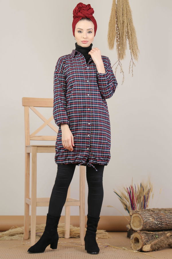 Düz Orta Kadın Bordo Ekose Tunik İpli Lacivert  - 8129 BORDO