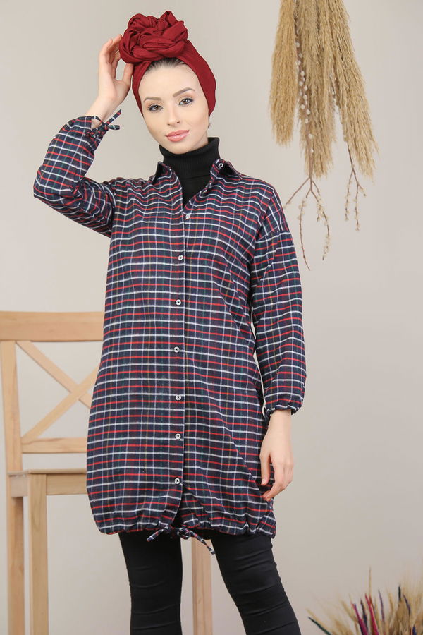 Düz Orta Kadın Bordo Ekose Tunik İpli Lacivert  - 8129 BORDO
