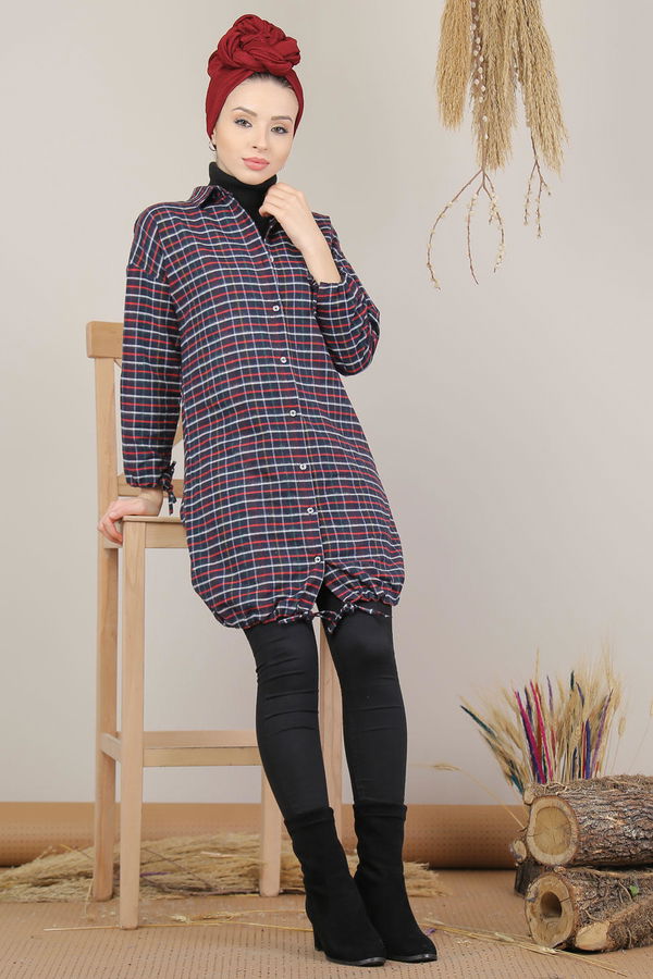 Düz Orta Kadın Bordo Ekose Tunik İpli Lacivert  - 8129 BORDO