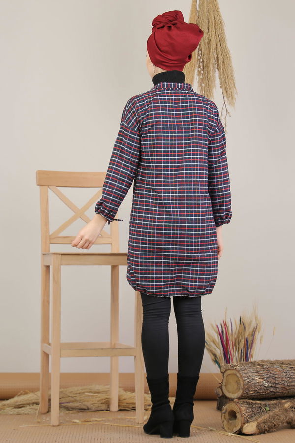 Düz Orta Kadın Bordo Ekose Tunik İpli Lacivert  - 8129 BORDO