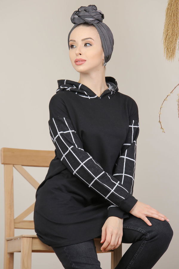 Düz Orta Kadın Siyah Kapşonlu Tunik Siyah  - 8130 SİYAH