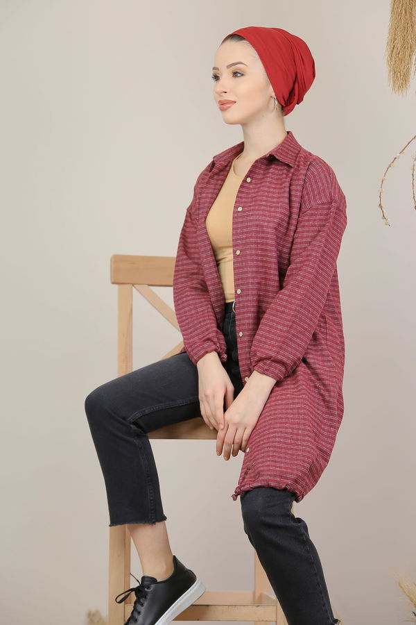 Düz Orta Kadın Bordo Ekose Tunik İpli Siyah  - 7991