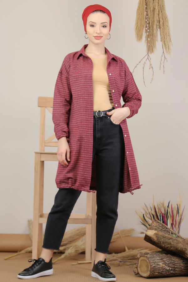 Düz Orta Kadın Bordo Ekose Tunik İpli Siyah  - 7991