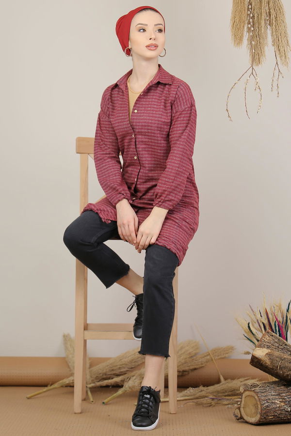 Düz Orta Kadın Bordo Ekose Tunik İpli Siyah  - 7991