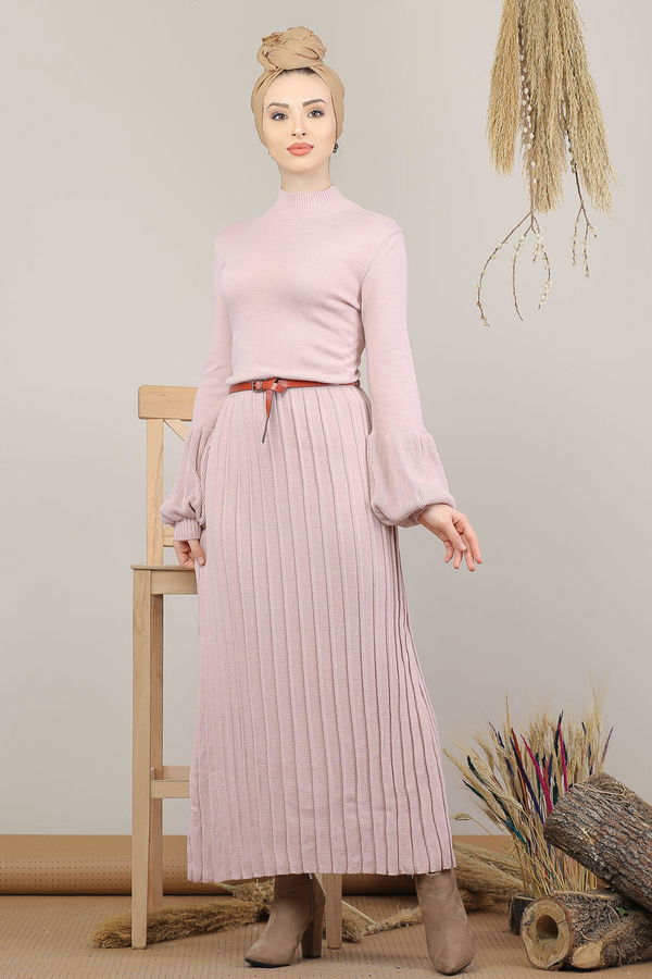 Düz Orta Kadın Pembe Pliseli Triko Elbise Kemer Siyah  - 8136 PEMBE
