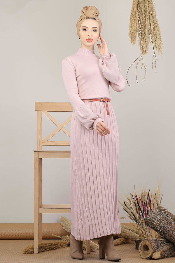Düz Orta Kadın Pembe Pliseli Triko Elbise Kemer Siyah  - 8136 PEMBE