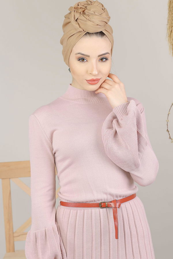 Düz Orta Kadın Pembe Pliseli Triko Elbise Kemer Siyah  - 8136 PEMBE