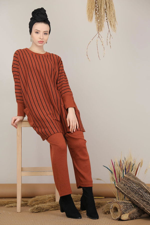 Düz Orta Kadın Kiremit Triko Tunik Panolon Siyah  - 8143 KİREMİT