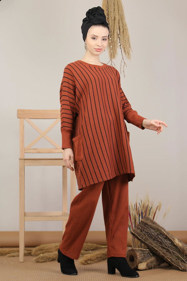 Düz Orta Kadın Kiremit Triko Tunik Panolon Siyah  - 8143 KİREMİT