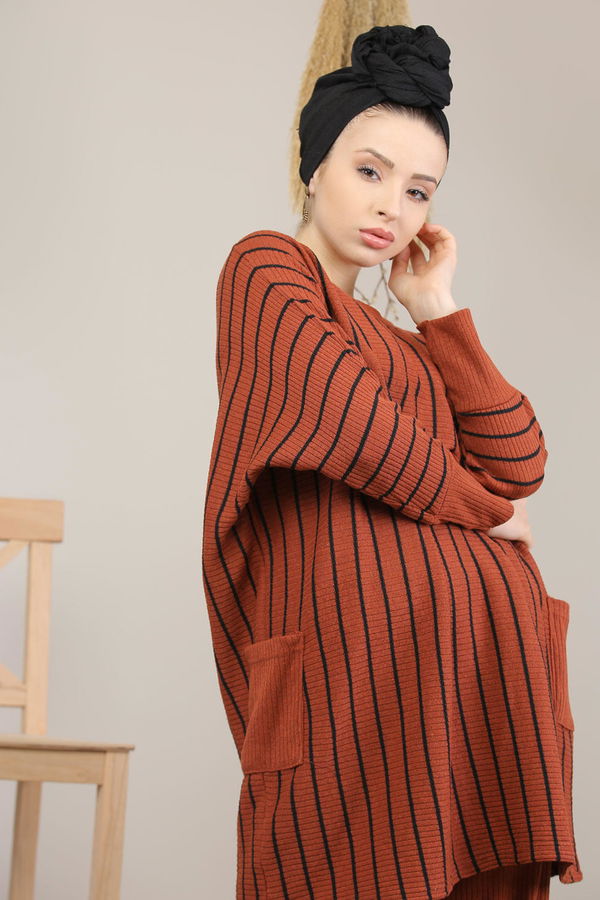 Düz Orta Kadın Kiremit Triko Tunik Panolon Siyah  - 8143 KİREMİT