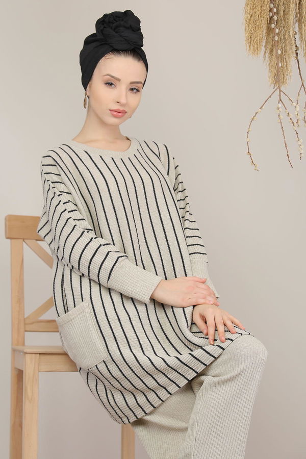 Düz Orta Kadın Bej Triko Tunik Panolon Siyah  - 8143 BEJ