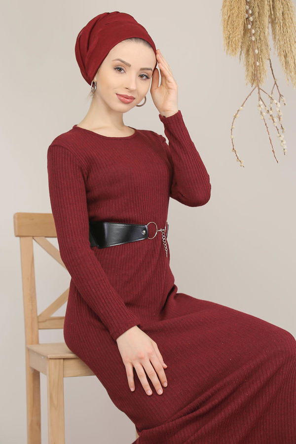 Düz Orta Kadın Bordo Triko Elbise Haki  - 5185