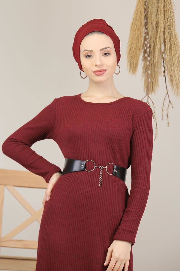 Düz Orta Kadın Bordo Triko Elbise Haki  - 5185