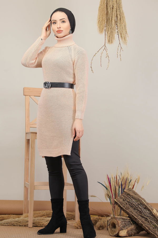 Düz Orta Kadın Pembe Triko Tunik Siyah  - 8144 PEMBE