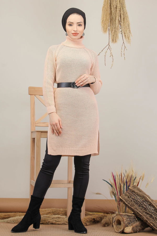 Düz Orta Kadın Pembe Triko Tunik Siyah  - 8144 PEMBE