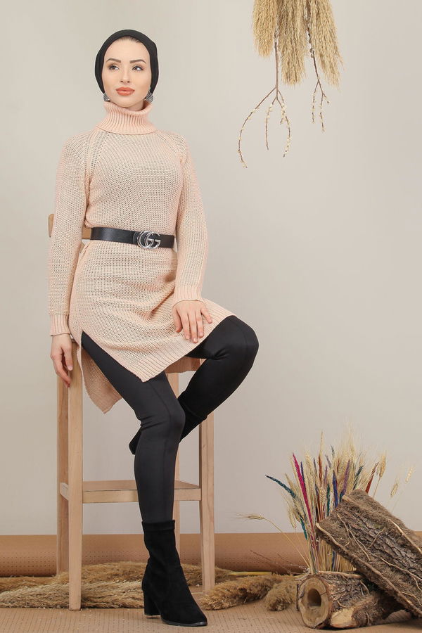 Düz Orta Kadın Pembe Triko Tunik Siyah  - 8144 PEMBE