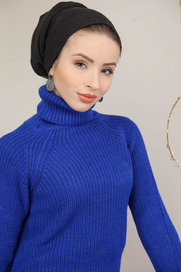 Düz Orta Kadın Mavi Triko Tunik Siyah  - 8144 MAVİ