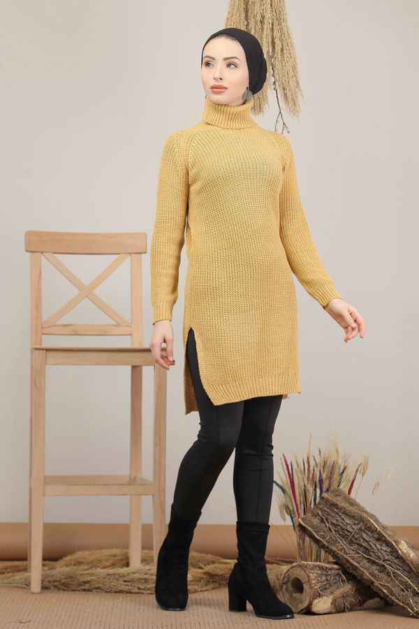 Düz Orta Kadın Sarı Triko Tunik Siyah  - 8144