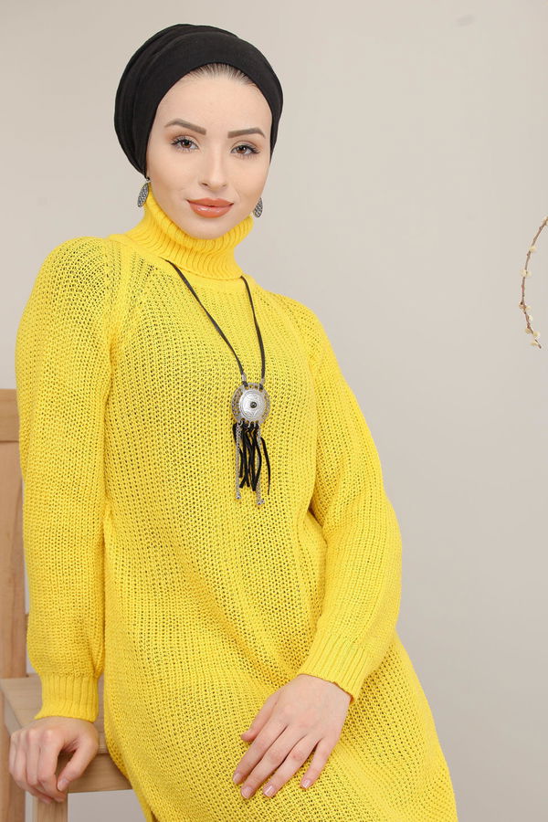 Düz Orta Kadın Sarı Triko Tunik Siyah  - 8144 Sarı
