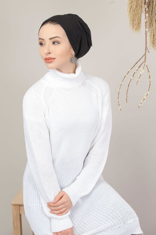 Düz Orta Kadın Beyaz Triko Tunik Siyah  - 8144 BEYAZ