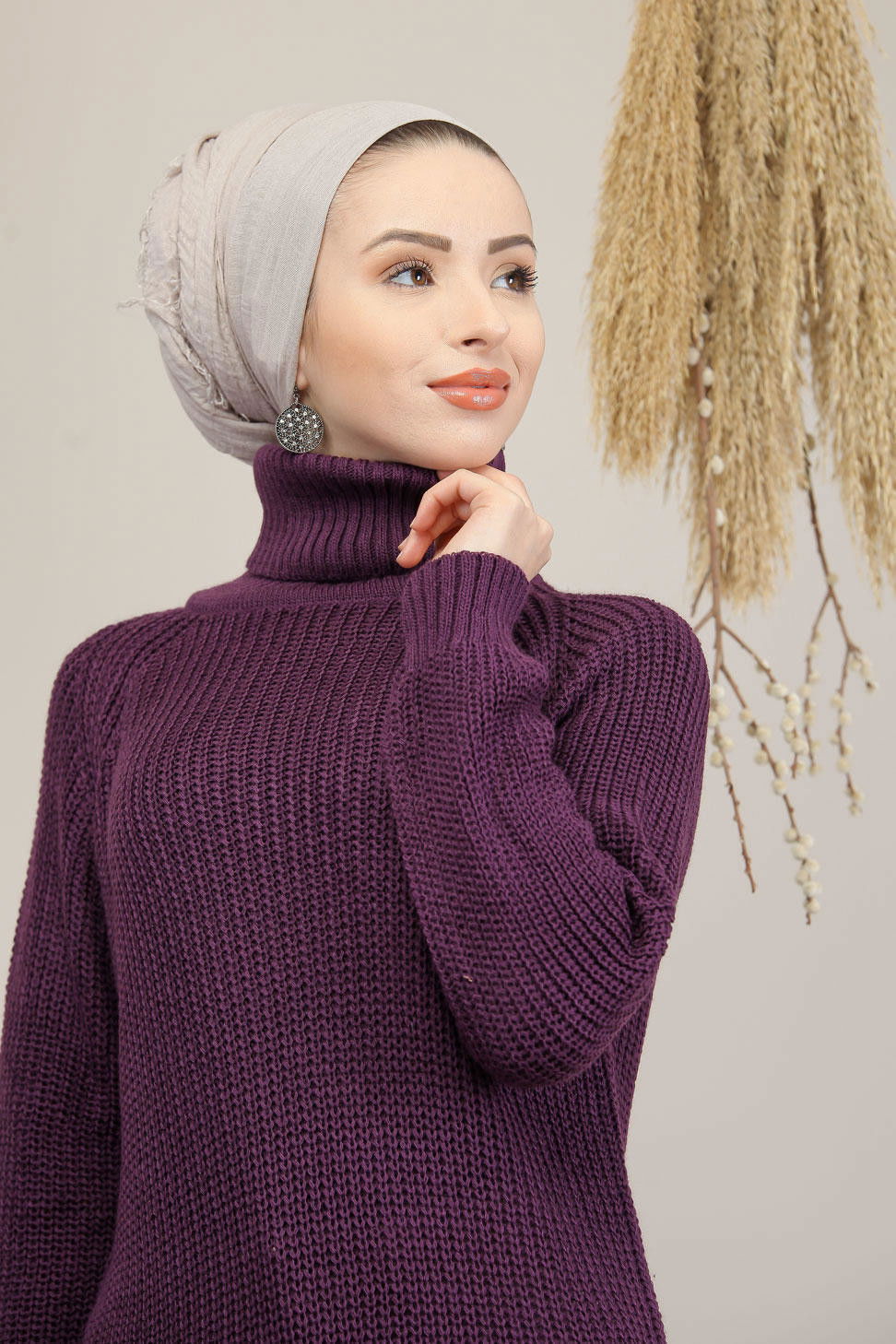 Düz Orta Kadın Mürdüm Triko Tunik Siyah  - 8144 MÜRDÜM