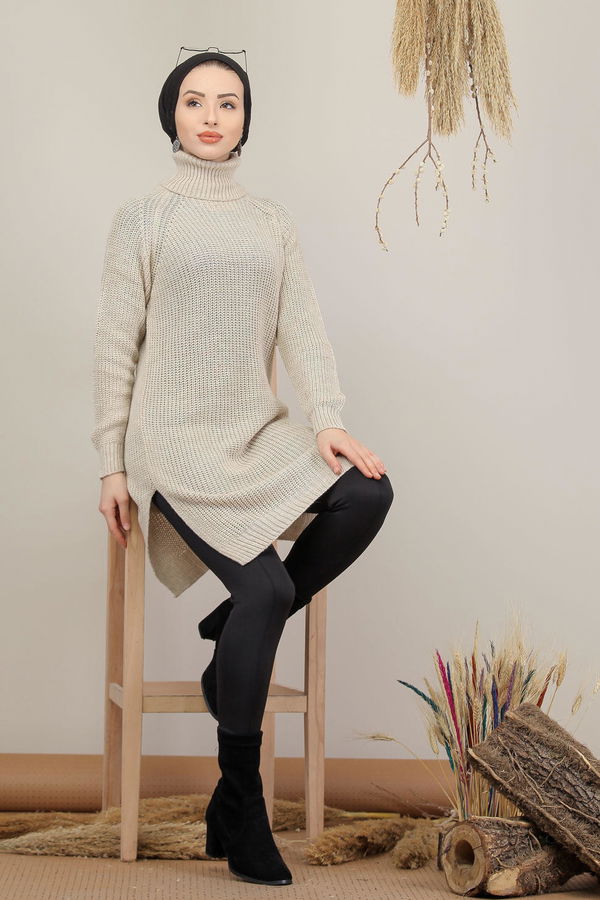 Düz Orta Kadın Bej Triko Tunik Siyah  - 8144 BEJ