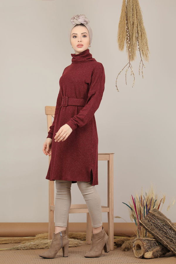 Düz Orta Kadın Bordo Triko Tunik Kemerli Siyah  - 5208 BORDO
