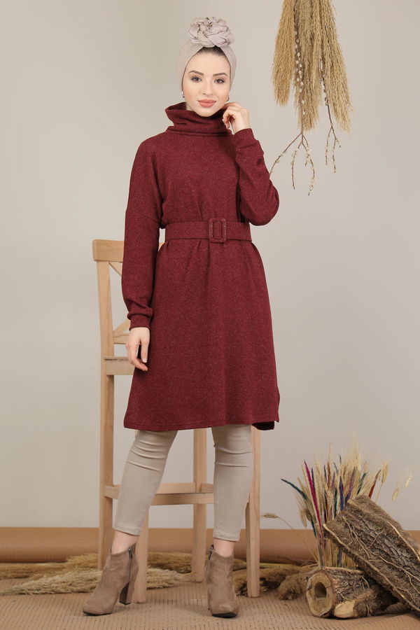 Düz Orta Kadın Bordo Triko Tunik Kemerli Siyah  - 5208 BORDO