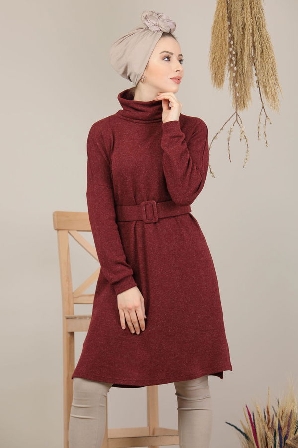 Düz Orta Kadın Bordo Triko Tunik Kemerli Siyah  - 5208 BORDO