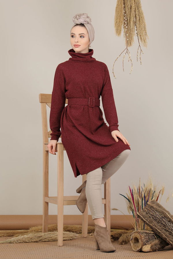 Düz Orta Kadın Bordo Triko Tunik Kemerli Siyah  - 5208 BORDO